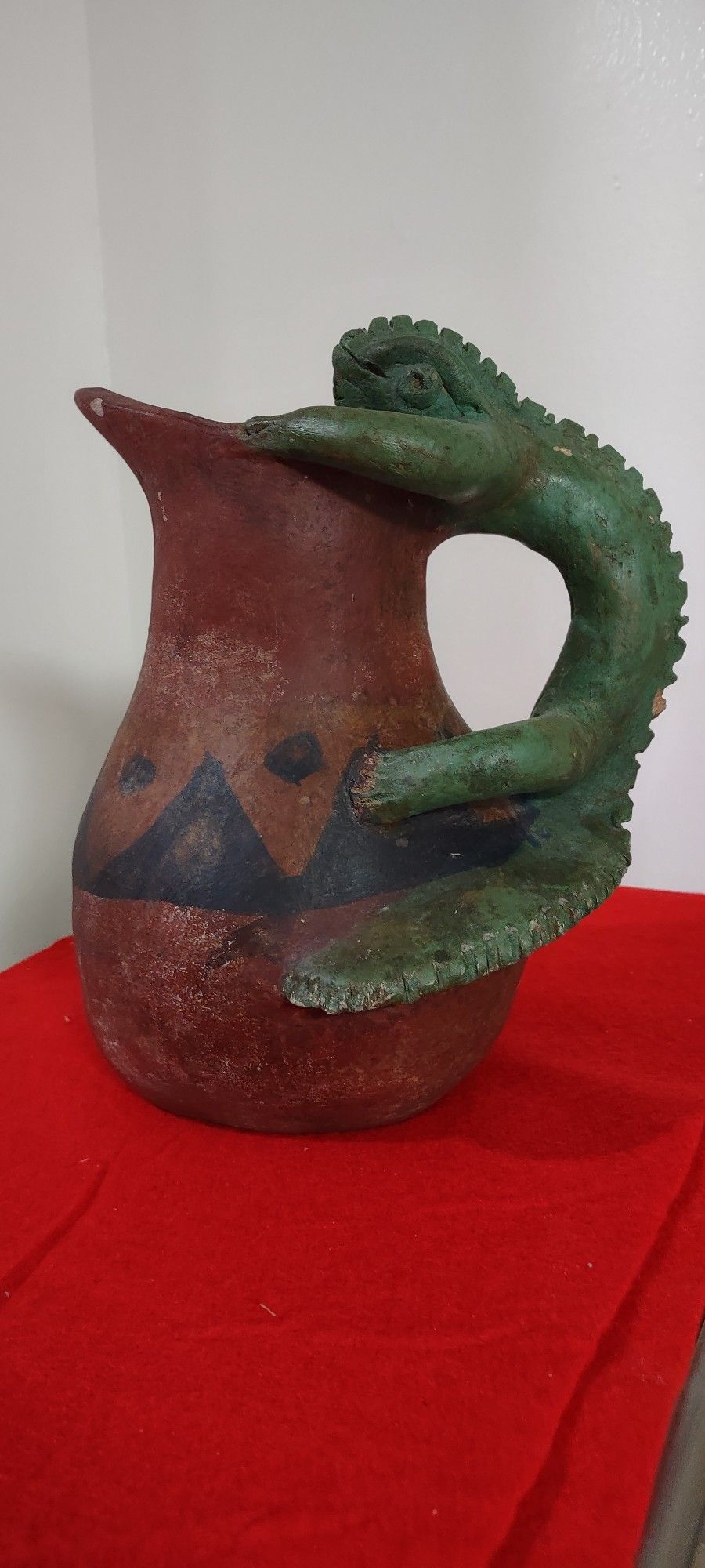 Vintage Hand made and Painted Clay Pitcher Iguana Handle lizard Pottery;10" Tall; weight 4.54lb.