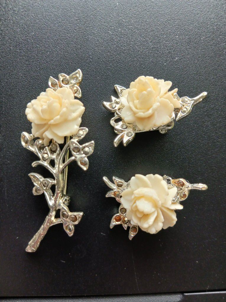 Vibtage Marcasite White Rose Pin & Clip Earring Set