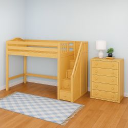 For Sale: Maxtrix Kids Twin Low Loft Bed with Stairs + Matching Dresser – Solid Hardwood – Delivery Available