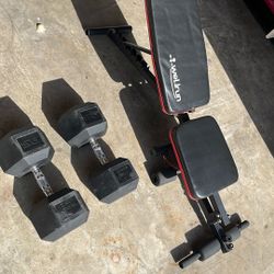 95lbs pair of rubber hex dumbbells And Bench. 