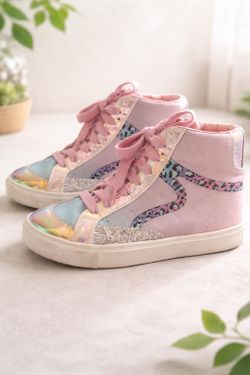 Girls Glitter High-Top Sneakers – Size 4 – Iridescent & Pink Leopard Style
