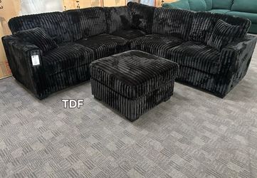 Brand New Black Corduroy Sectional Sofa +Ottoman (New In Box) 