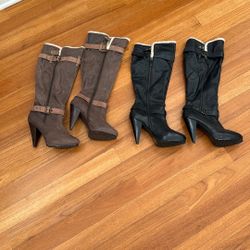 One black pair of leather boots, size 10, and one pair of brown chestnut boot size 10