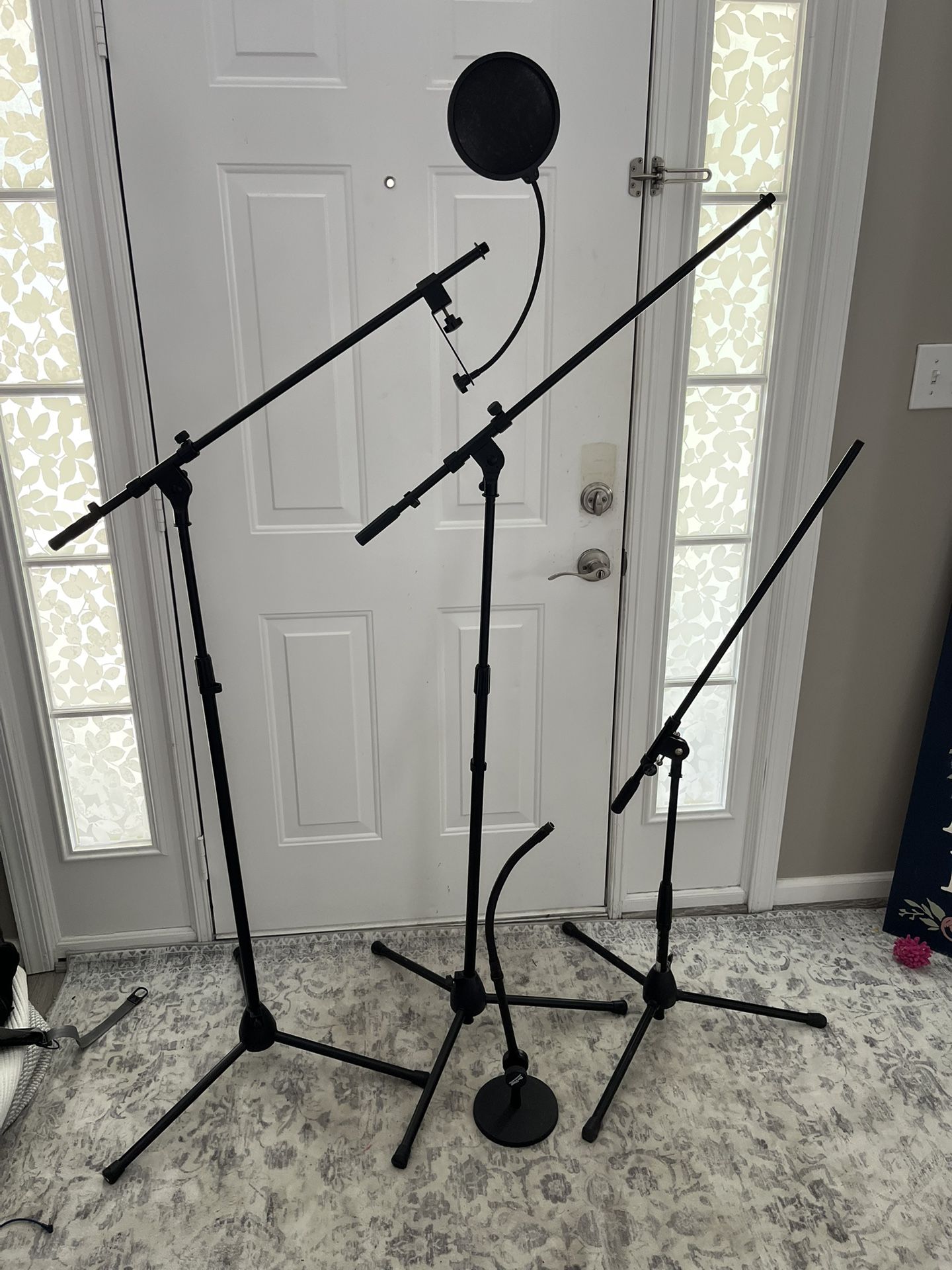 4 OnStage Mic Stands + Pop Filter + 25’ Guitar Cable