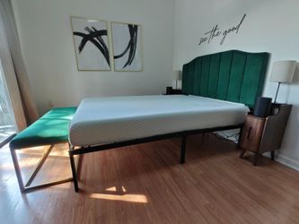 Queen Bed w/10inch Memory Foam Mattress & Green Velvet Headboard & Bench