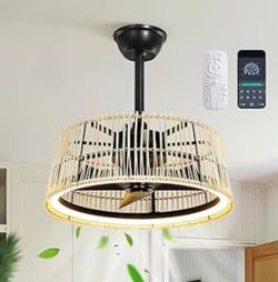 New 20” Ceiling Fan with LED Light &Remote Control Boho Rattan Fan Dimmable Reversible Fandelier