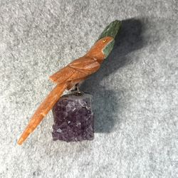 Brazilian Hand Carved Orange Calcite Parrot on Amethyst Geode Base - Approx 5” tall 