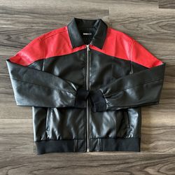 Men’s Faux Leather Colorblock Bomber Jacket - Black/ Red Combo