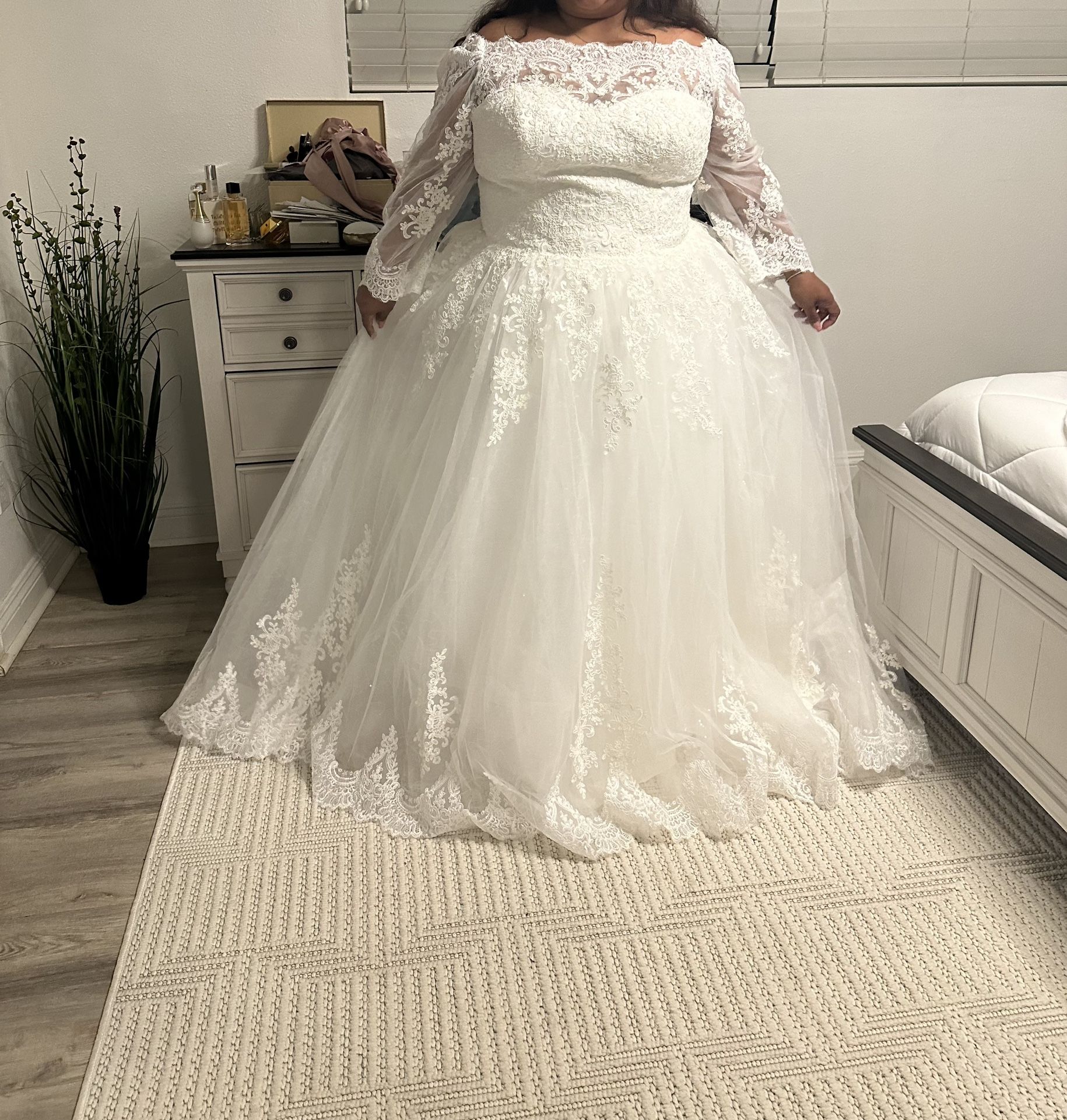Brand New Wedding Dress Size 24 Off Shoulder Ball Gown A Line Plus Size Woman’s Dress White In Dust Bag $300 OBO Lace Tulle Appliqué Sheer Design