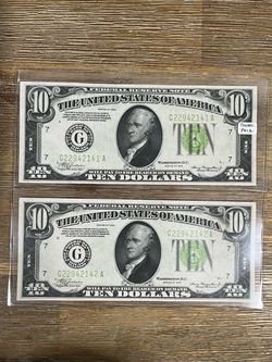 1934 $10 Lime-Green Seal Federal Reserve Note Two Consecutive Serial Number Pair Uncirculated