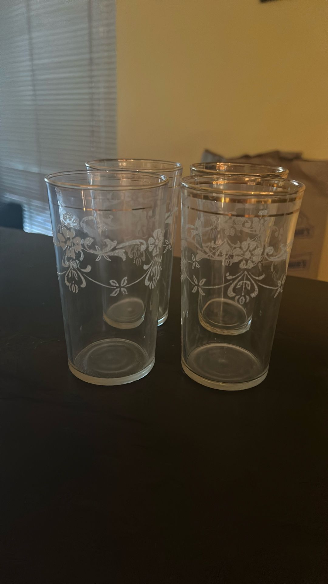 Antique gold round stencil glasses, juice glasses