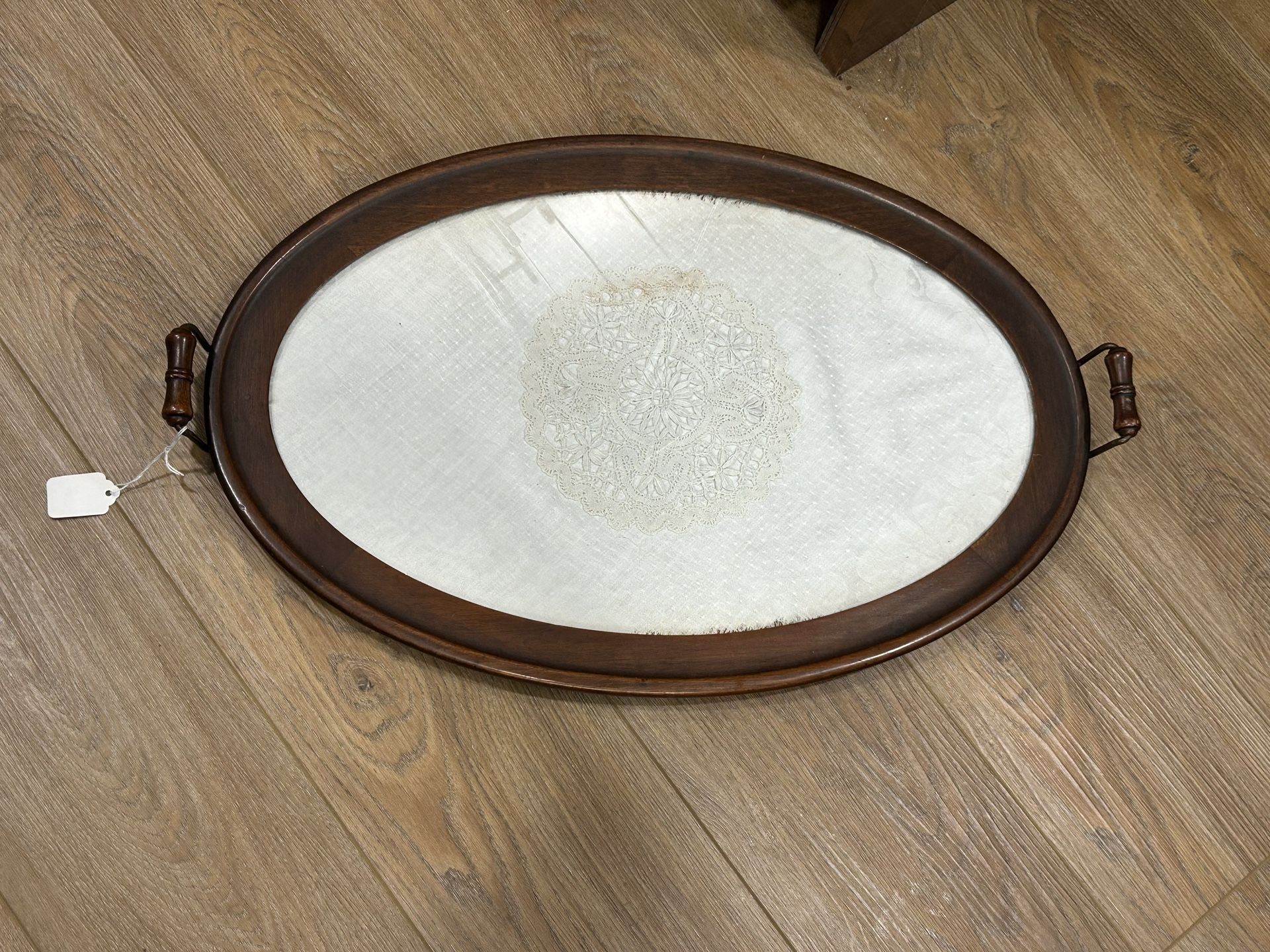 Antique Oval Wood Inlay and Glass Serving Tray with handles