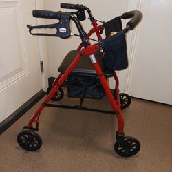 Drive Medical Walker Blackover Red With Dual Can Holder Extra Large Middle Pouch And Under Seat Concealed Storage Folds Easy Indoor Outdoor Use, New!!