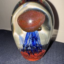 Art Glass Jellyfish Dome Paperweight Figurine Red Blue Bubbles 5.5”