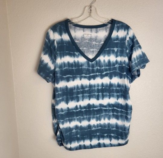 Lane Bryant Women's Tie-Dye Top Blue And White with V-Neck and Ruched Sides