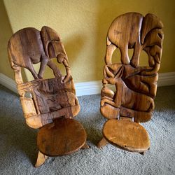 Pair of South African Hand Carved Hardwood Chairs   30 inches tall