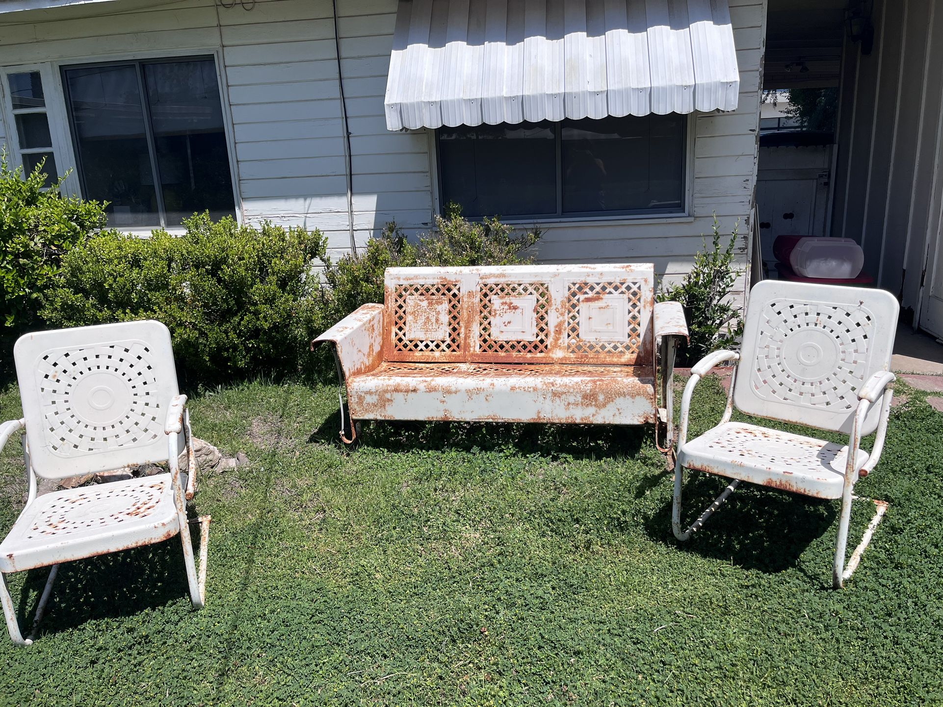 Vintage Outdoor Metal Porch Glider and 2 Chairs 