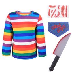 Halloween Chucky Costume For Kids Rainbow Striped Shirt Fake Knife Tattoo Stickers Good Guys Sticker For Halloween Party