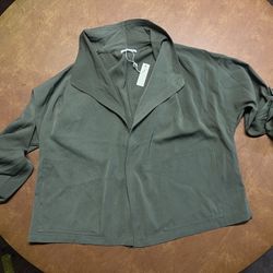 Max Studio Women's Green Twill Roll Tab Sleeve Drape Open Front Jacket Size M #231