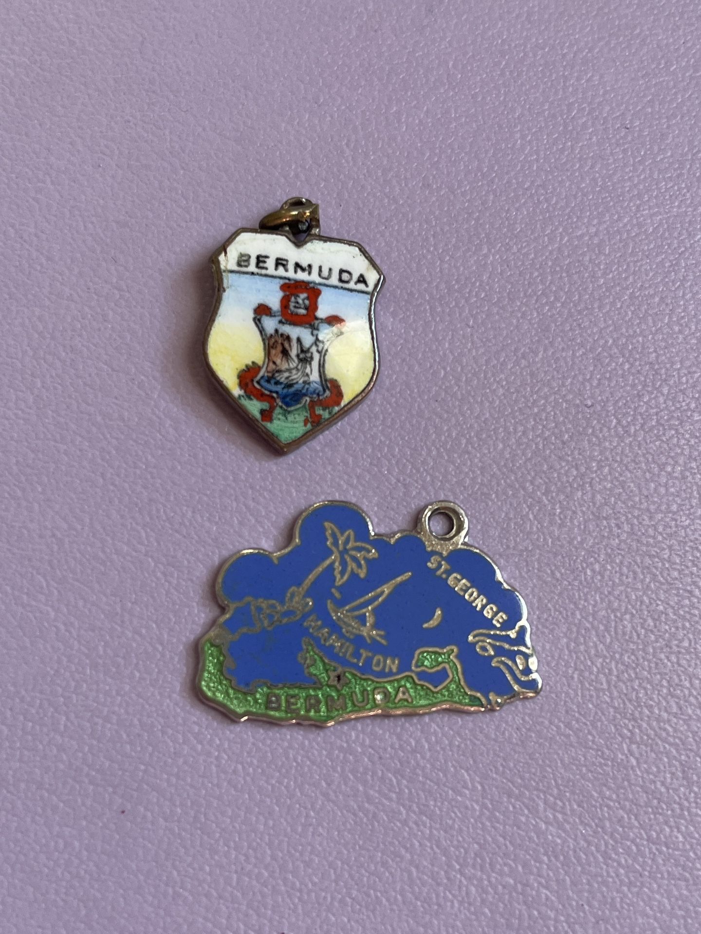 Vintage Bermuda Enamel Charms Pair - Coat of Arms and Map - Sterling Silver