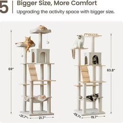 😀 MWPO Large Modern Cat Tree, 70.1-Inch Wood Cat Tower for Indoor Cats, Multi-Level Tall Cat Condo with 2 Padded Perches, Hammock, Scratching Posts