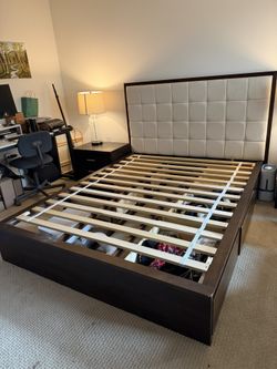 dark wood queen-size storage bed frame with 6 compartments