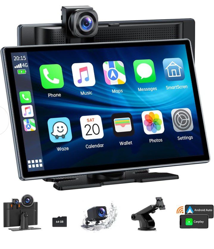 Wireless Carplay & Android Auto with 4K Dash Cam, 9 Inch Portable Apple Carplay Screen with 1080p Backup Camera, Car Audio Receivers with GPS Navigati