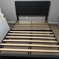 Queen Platform Bed Frame with Upholstered Fabric Headboard