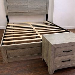 Gray queen bed frame  with night stand