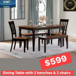 Dining Table With 2 Chairs & 2 Benches 
