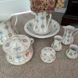 Antique Pitcher And Bowl Set 7 Pieces 