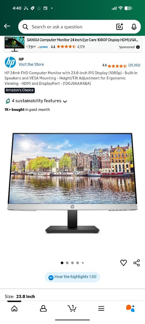 New in Box! HP 24mh FHD Computer Monitor with 23.8-Inch IPS Display (1080p) - 2 available