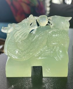 Vintage Bowenite Jade Sculpture Dragon and Phoenix Carving