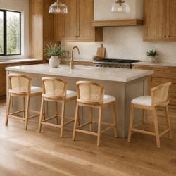 Set of 4 - Natural Wood / Cane Back / Beige Upholstered Cushion Counter Height Curved Back Bar Chairs [NEW] <Retails for $500+> **Assembly Req