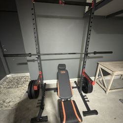 Bench + barbell + stand + weights