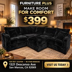 🔥 BIG COMFORT. BOLD STYLE. ONLY $399! 🔥  Give your living room a fresh look with this beautiful black sectional! 🖤🛋️ Eye-catching textured fabric,