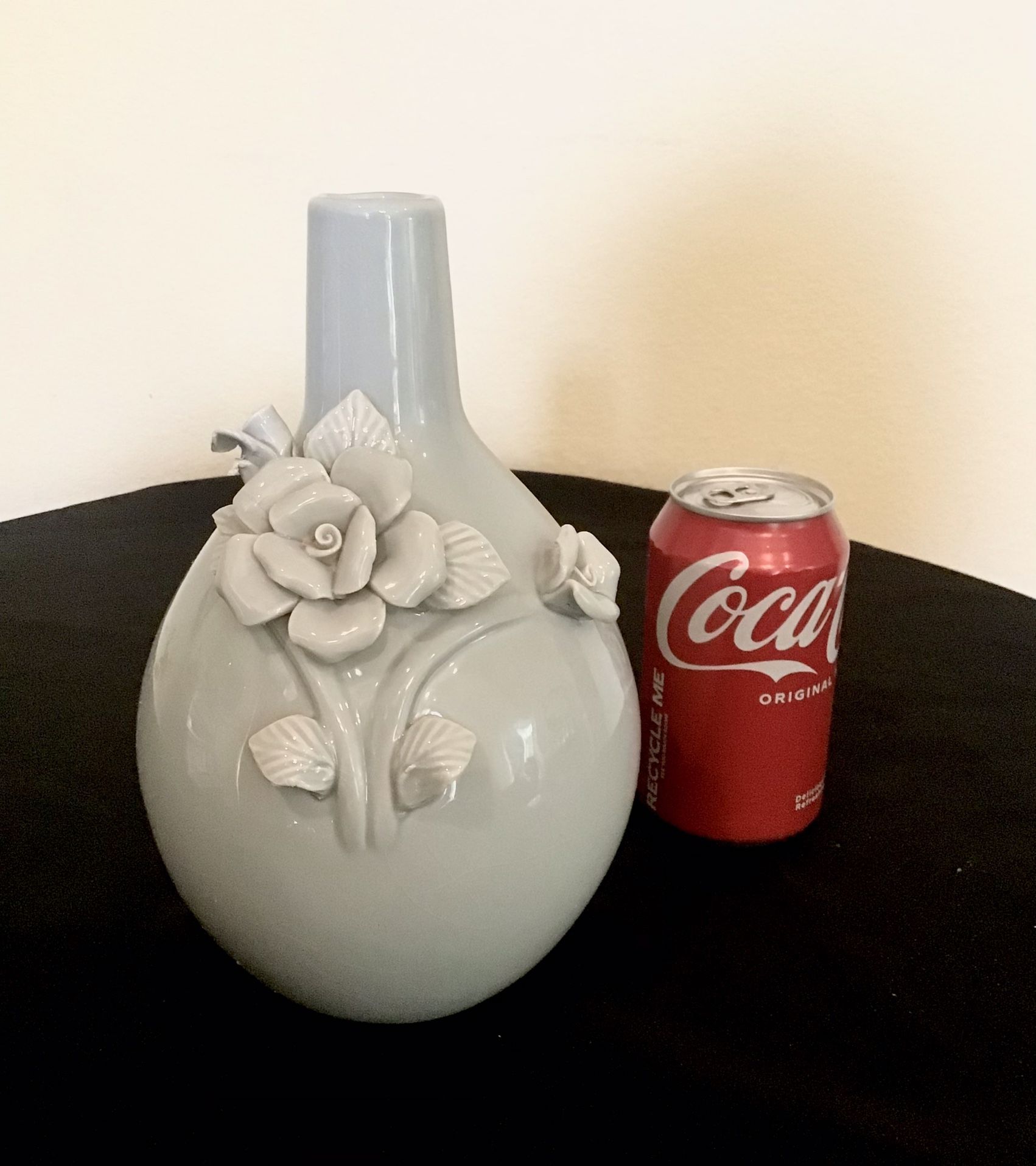 Elegant Porcelain Gray Blue Vase With Dimensional Flowers