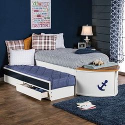 NAVY BLUE SHIP BOAT THEME TWIN SIZE BED STORAGE DECK TRUNDLE DRAWERS - KIDS FURNITURE BEDS