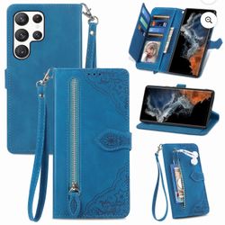 TECH CIRCLE Samsung Galaxy S23 Ultra Wallet Case,Embossed Flower PU Leather Folio Flip Protective Zipper Cover with Wrist Strap RFID Blocking Card Hol