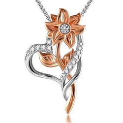 14k White Gold CZ Cubic Zircon Sun Flower Heart Pendant Necklace Chain Love
