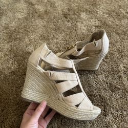 Cream and tan Merona zip up wedges; excellent condition