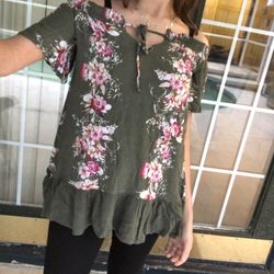 Floral olive green blouse