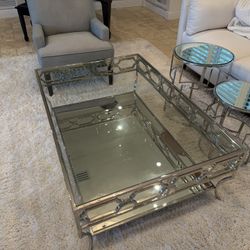 Z Gallerie “Duplicity” Coffee Table + Matching End Tables – Chrome & Glass