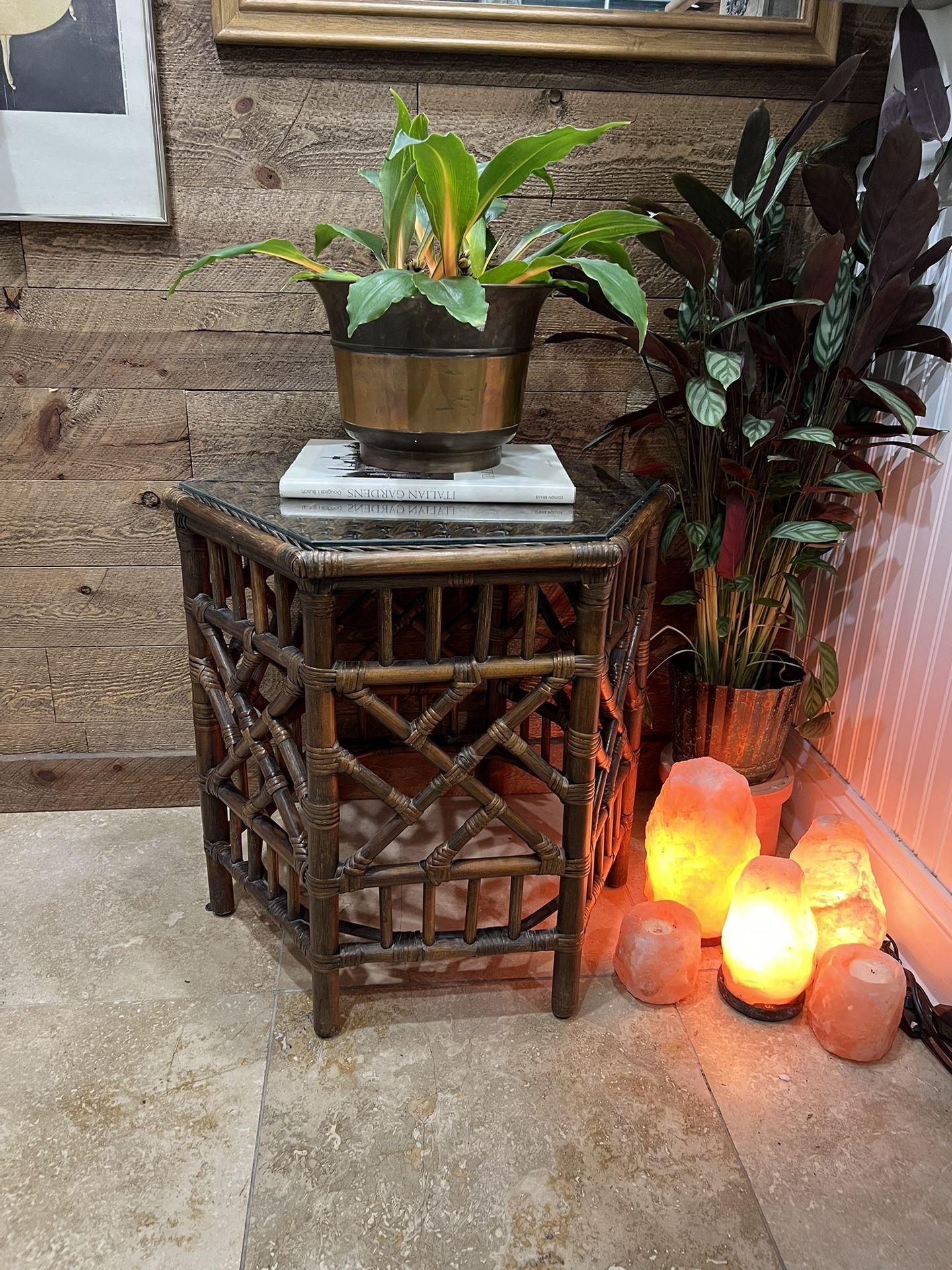 Vintage Bamboo Chippendale Octagon Regency Dark Brown Occasional Table Glass Top Rattan Woven Boho
