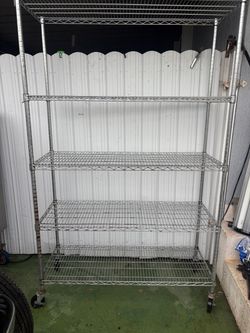 5 tier Chrome Wire Shelving rake Unit on Wheels