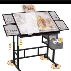 Puzzle Table with Wheels 1500 Pieces Puzzle Table for Adults with Drawers, Cover, Wheels, 5 Adjustable Up Angles Wooden Jigsaw Puzzle Board for