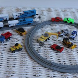 Vintage & New Micromachines Set #1 - "Galoob Lines" Miniature Train with Track, Driven Pocket Sized Cars, Construction Vehicles & Tiny Road Signs