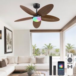 42 Inch Tropical Ceiling Fan with RGB Light and Remote App Control 3CCT Dimmable LED Light, Quiet 6 Speeds Smart Timer for Bedroom, Outdoor Covered Pa
