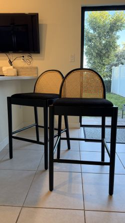 Rattan & Sherpa Bar Stools Set of 2 – 29" Bar Height – Solid Wood – Black