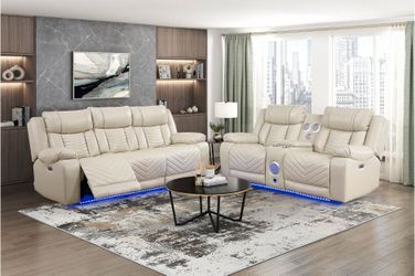 Brand new biege leather power reclining sofa + loveseat with LED, cup holders, charging ports